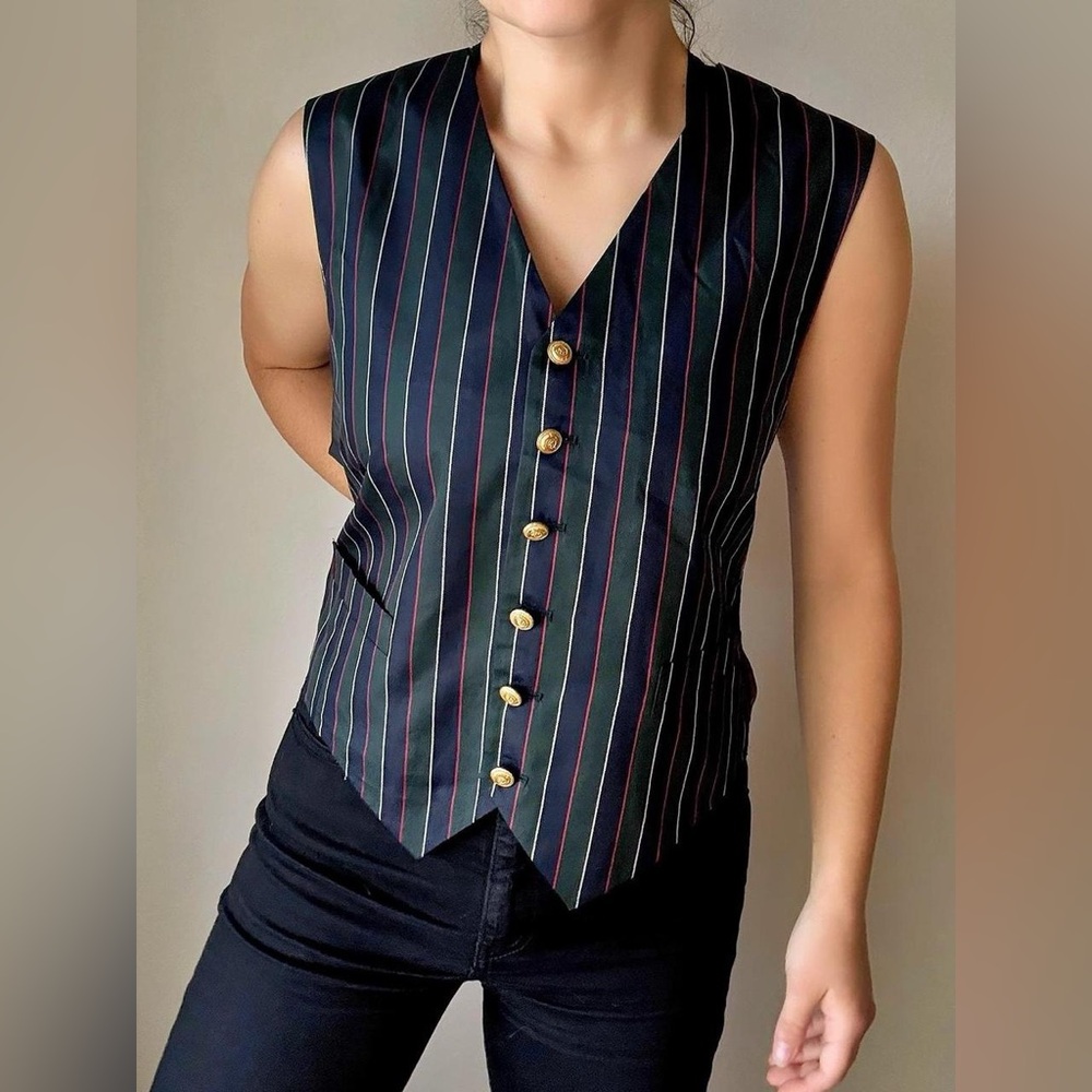 Vintage 90s Tommy Hilfiger stripe vest waistcoat gold buttons Christmas holiday